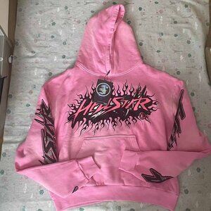 Hellstar Logo Print Pink Hooded Fleece Sweatshirt